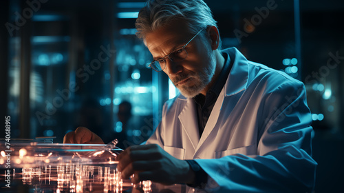 A meticulous scientist attentively examines a futuristic holographic display, deeply absorbed in the complex data analysis within a modern research facility © Roman Ribaliov