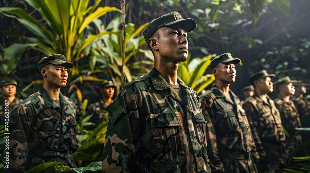 Elite soldiers in lush green jungle, wearing camouflage uniforms and tactical gear, form a disciplined and focused formation