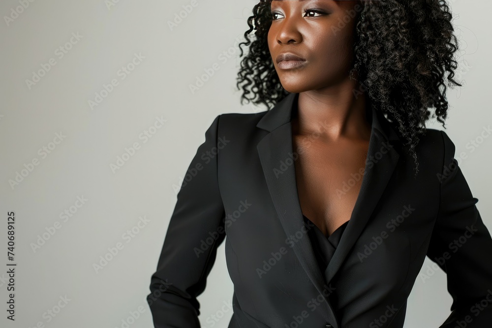 Confident businesswoman in black blazer standing tall, exuding strength and determination. Empowerment symbol of a successful and self-assured leader Confident businesswoman in black blazer standing tall, exuding strength and determination. Empowerment symbol of a successful and self-assured leader