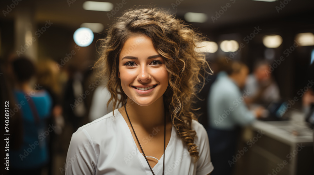 A cheerful young female doctor with curly hair and a radiant smile, wearing a medical uniform, represents the friendly face of healthcare among her colleagues