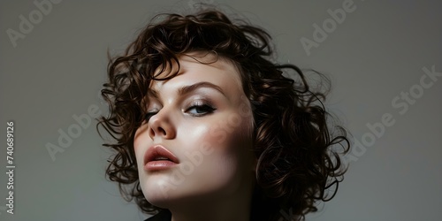 Portrait of a Woman with Curly Hair and Makeup on a Gray Background. Concept Headshot, Curly Hair, Makeup, Gray Background, Portrait