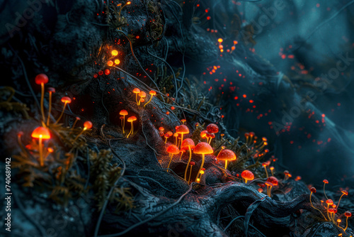 Mushroom. Fantasy Glowing Mushrooms in mystery dark forest close-up.