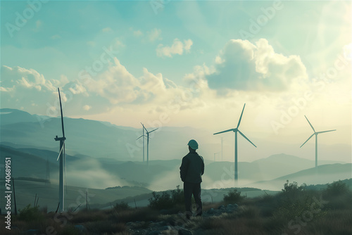 Man standing amidst wind Turbines on a wind turbine farm