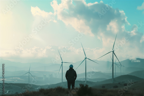 Man standing amidst wind Turbines on a wind turbine farm