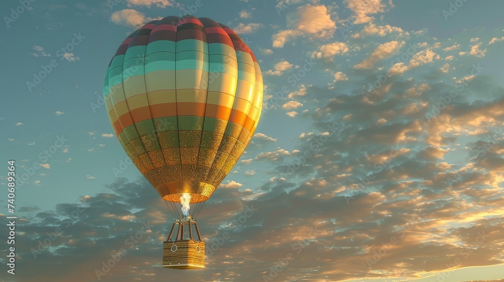 Tranquil morning flight in a hot air balloon over a stunning sunrise. Graceful metallic basket gleams in the radiant glow of first light, against a backdrop of vibrant colors and clear blue sky