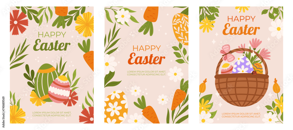 Easter collection of vertical greeting cards template. Design with floral frames, painted eggs in basket, carrot. Hand drawn flat vector illustration.