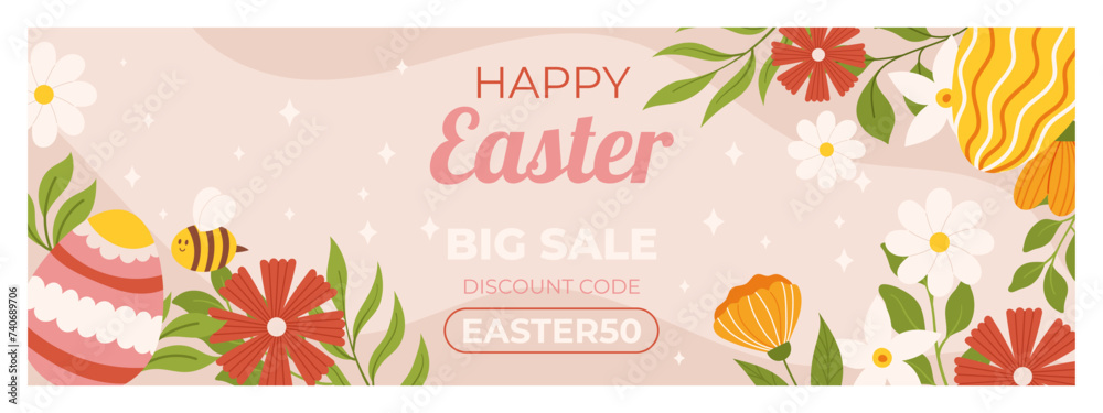 Easter sale horizontal banner template for promotion. Design with painted eggs, flowers and cute bee.