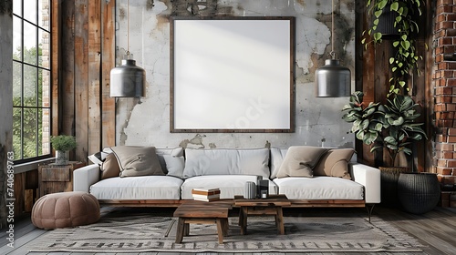 3D render of a sleek and modern poster blank frame in a rustic farmhouse living room with distressed wood accents