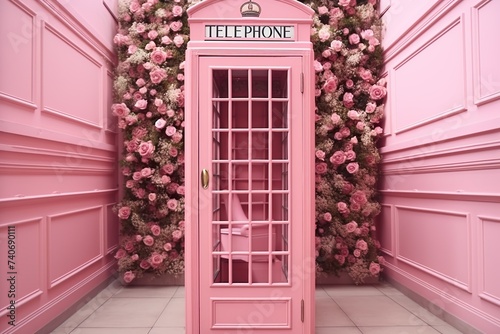 Pink Phone Booth with Pink flower pink imaginations pink world Pink Fantasy AI Generated  photo