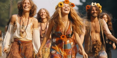 The Legacy of Hippie Movements from the Summer of Love. Concept 60s counterculture, social revolution, love and peace, psychedelic art, Woodstock festival photo