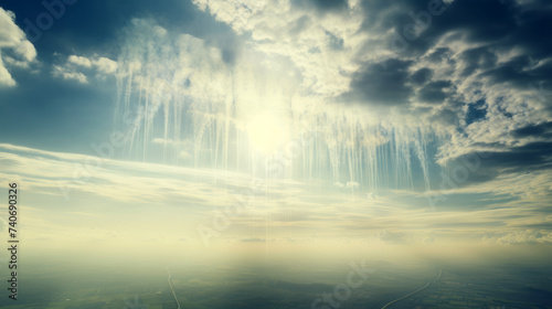 aerial view of blue sky and vertical clouds or chemtrails photo