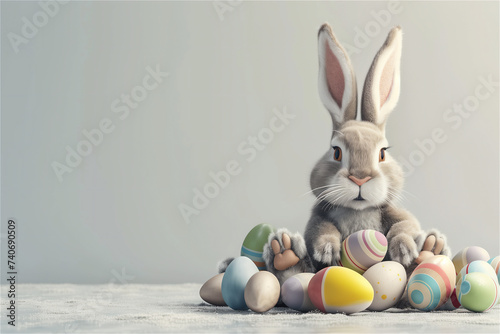 A rabbit surrounded by colorful Easter eggs with copy space