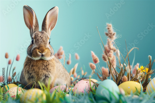 A rabbit surrounded by colorful Easter eggs with copy space