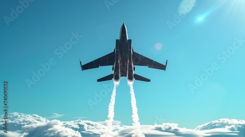 High-performance military fighter jet taking off in vivid blue sky, leaving trails of sharp exhaust. Capturing speed, agility, and precision of aviation technology photo