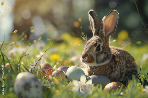 A rabbit surrounded by colorful Easter eggs with copy space