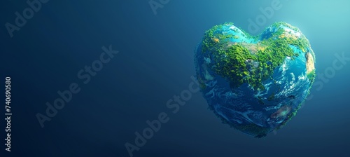 Heart shaped earth globe on blue background, symbolizing earth day with space for text.