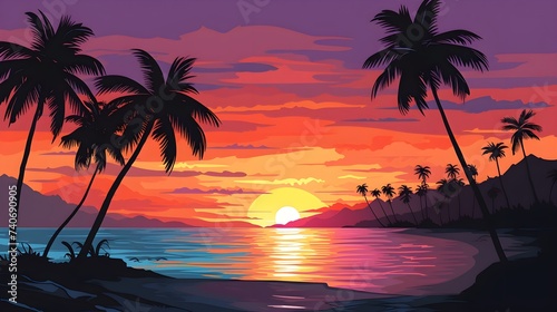 illustration of beach in sunset with colorfully design © ndoy