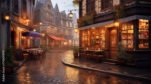 Cozy street with tables of cafe and restaurants, Architecture, and landmarks © Atlantist studio