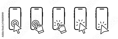 Click on the smartphone icons. Simple illustration of a click on the smartphone. Touch screen icons. Tap point, pointer on touch screen device. Hand touch screen. Cursor finger. Vector illustration