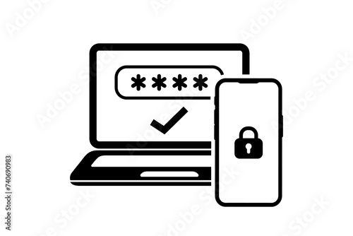 Two step authentication icon. Verification push code message on phone for secure login or sign in. Password authorization. 2FA verification password. Two factor verification with smartphone and laptop