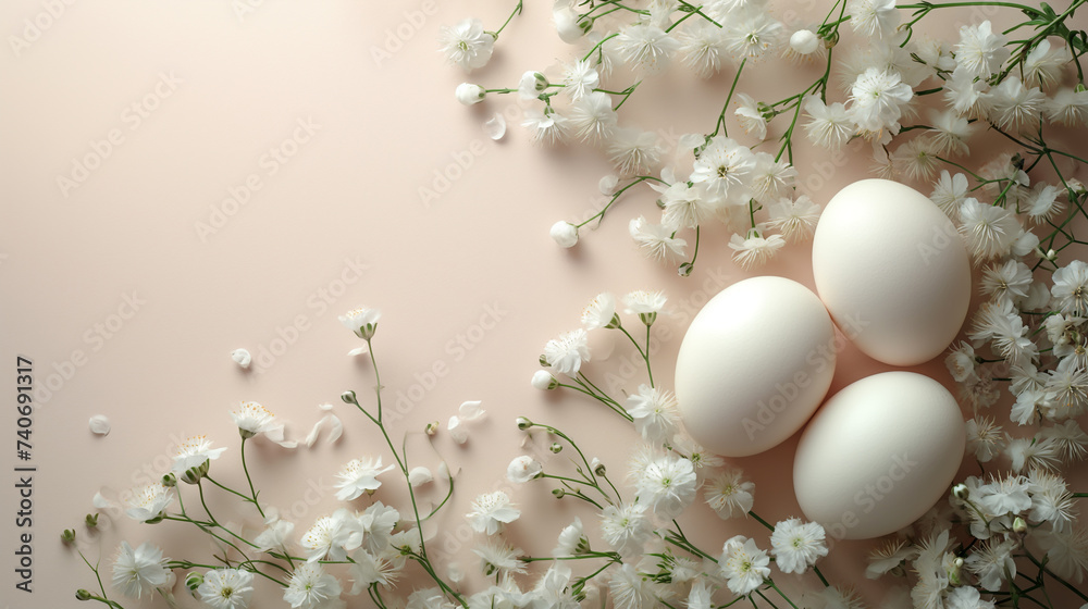 Floral, nature, flowers, egg decoration on beautiful frame background, with copy space.