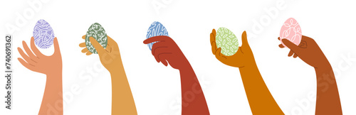 Diversity human hands holding painted Easter eggs. Man or woman hand giving egg. Happy Easter holiday vector illustration. Floral, botanical, nature leaf pattern eggs shell. Diverse design element set