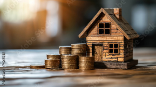 A miniature house beside escalating stacks of coins, signifying the growth and investment potential in the housing market.