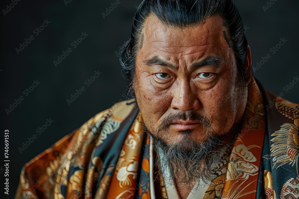 Portrait of a Japanese sumo wrestler in a kimono looking at the camera on a dark background