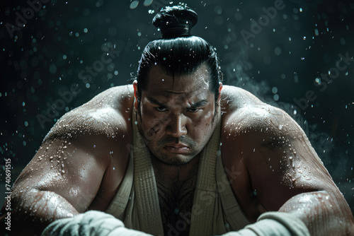 portrait of a powerful sumo wrestler looking at the camera on a black background