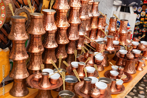 Turkish coffee pots called cezve sold at Bascarsija, the central market of Sarajevo, Bosnia and Herzegovina