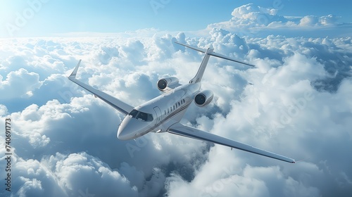 private jet flying over clouds, plane in blue sky, private airplane jet