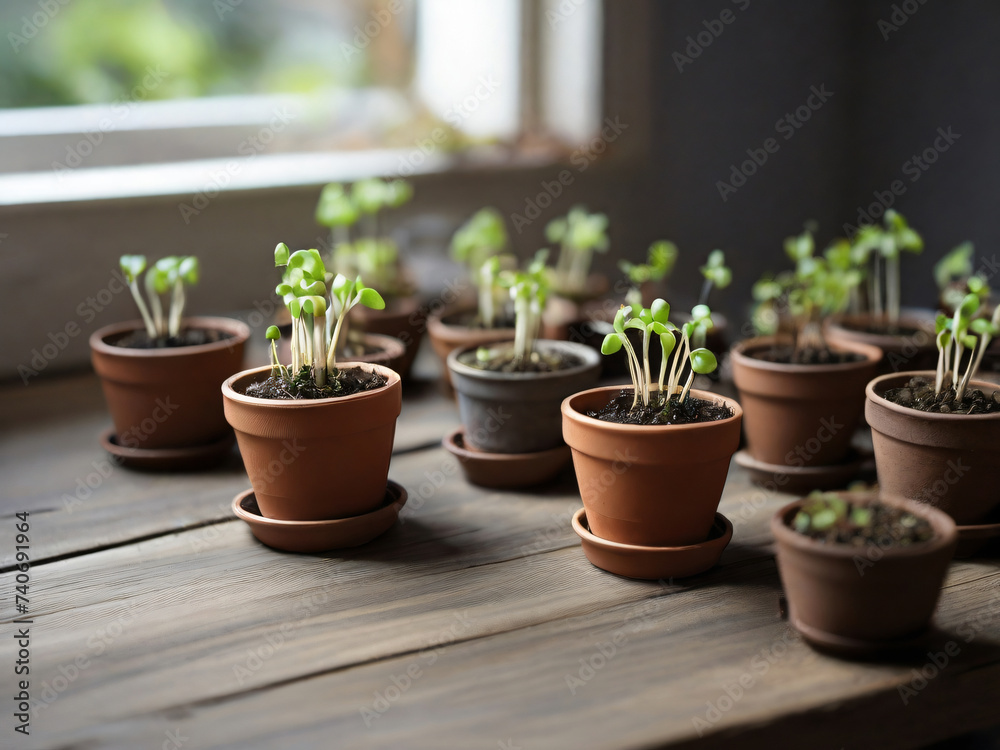 Spring concept - rows with sprouts in pots on the table