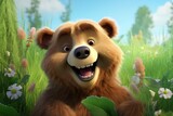 Adorable bear enjoying a sunny day in the garden, surrounded by vibrant flowers and lush greenery