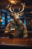 Big deer in clothes sitting in bar with glass of light beer in hand