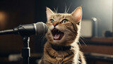 Funny cat singing in audio studio