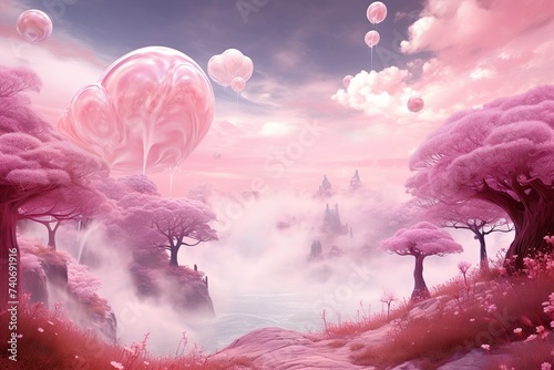 Pink Fantasy World Fantasy Forest with lakes and trees Pink Dreamy World AI GEnerated 