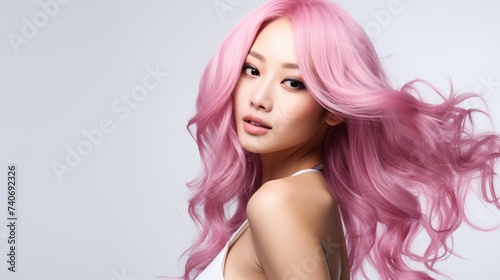 Stunning Asian woman with vibrant pink hair, exuding confidence and style on a clean white background