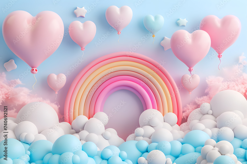 3D Colorful background with rainbow clouds and Birthday balloons arc podium