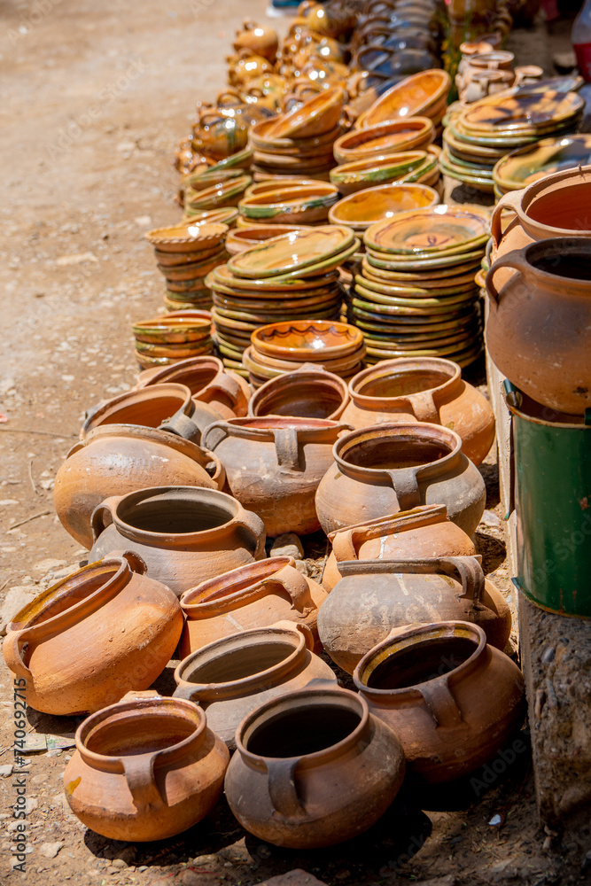 traditional earthenware pots displayed in a local market, Cochabamba Bolivia traditional earthenware pots displayed in a local market, Cochabamba Bolivia
