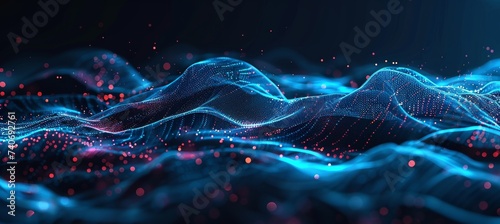 Neon wave lines, bokeh lights on abstract background for futuristic data transfer concept wallpaper. photo