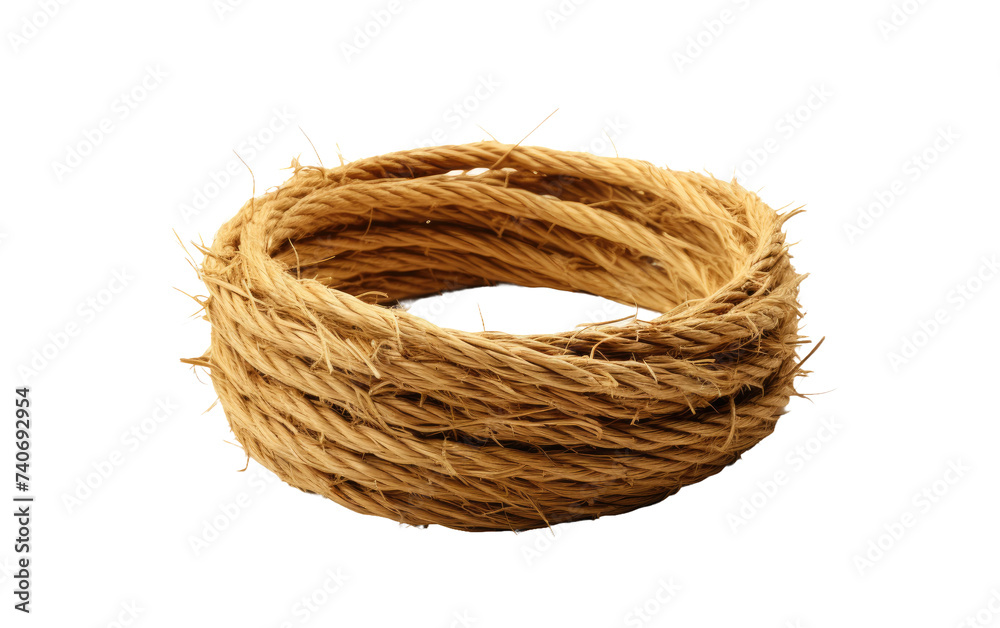 A detailed view of a rope, showcasing its texture, twists, and knots, photographed. on White or PNG Transparent Background.