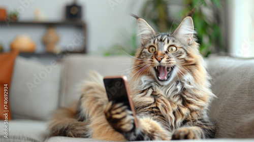 The cat reads news on a smartphone