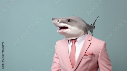 Friendly shark in business suit pretending to work in corporate setting, studio shot with copy space photo