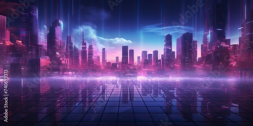 Synthwave retrowave cyberpunk city town cityscape landscape background decoration. Future towb high buildings scene view