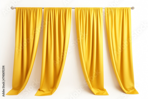 yellow color window curtains with folds, on ledge, isolated on white background