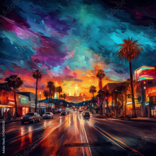 it is a painting of a city street at sunset © tino