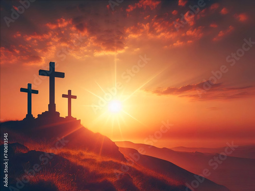 Three crosses stand on Golgotha under a cloudy sky, christian background