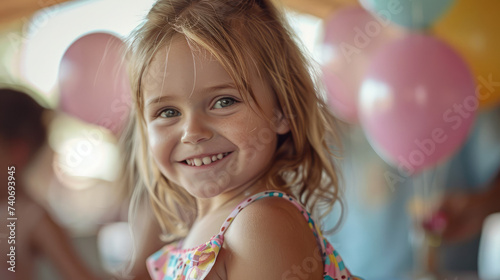 little girl smiling at birthday cake and party supplies