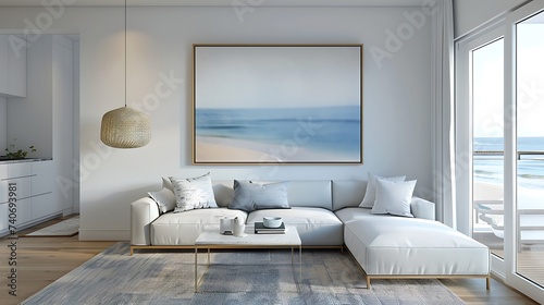 3D render of a sleek and modern poster blank frame in a transitional coastal living room with a mix of modern and beachy elements