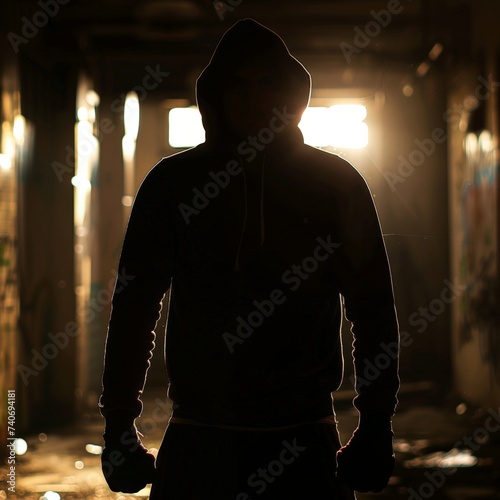 Mysterious Backlit Silhouette of Man in Hoodie